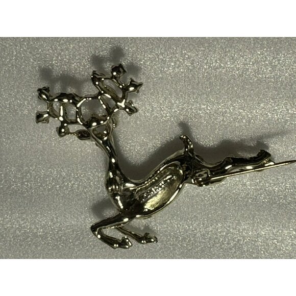 Vtg Leaping Raindeer Red Crystals in Antlers Polished Gold Finish Pin Brooch - Picture 2 of 4